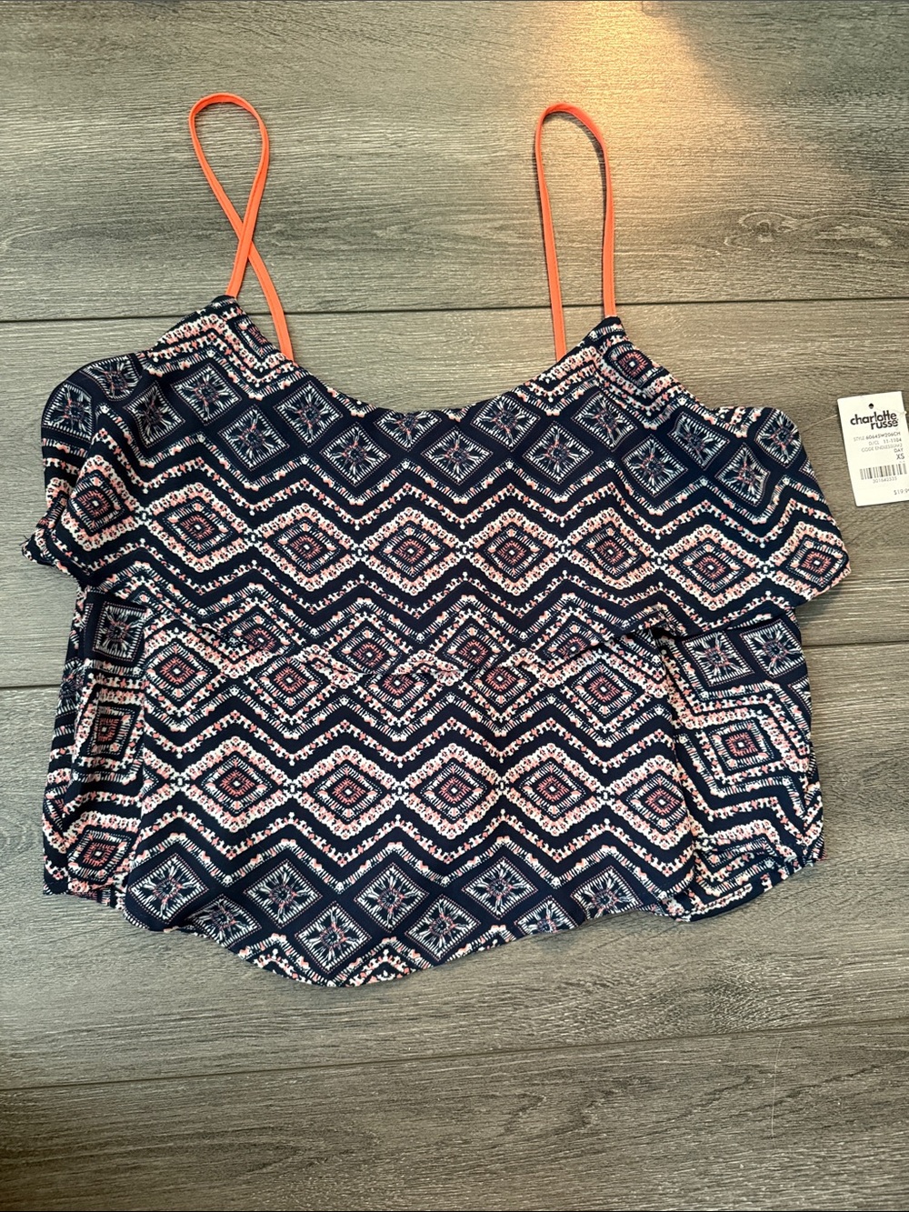 Charlotte Russe Navy Geometric Cami with Coral Straps
